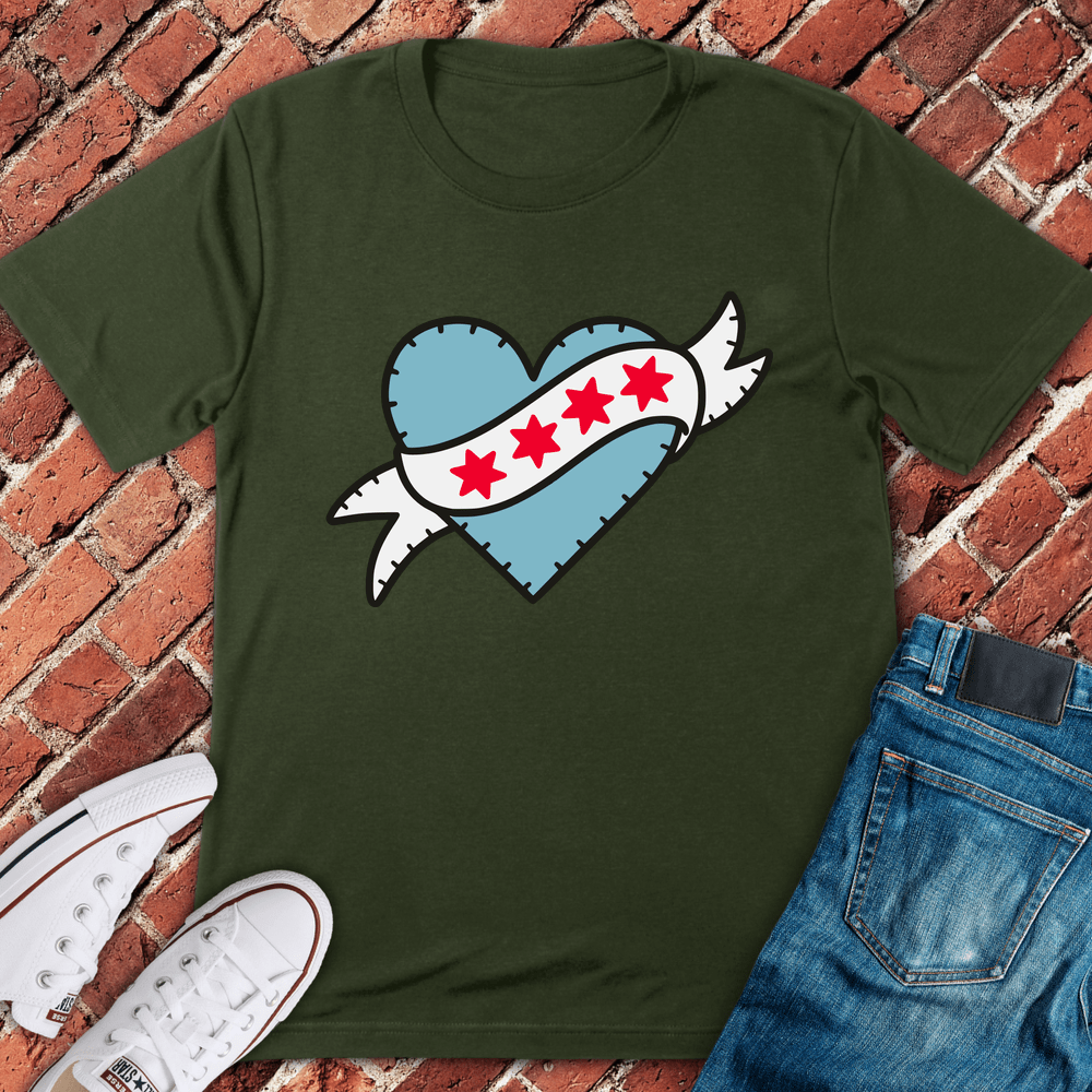 Flag Heart Chicago T-Shirt - Military Green