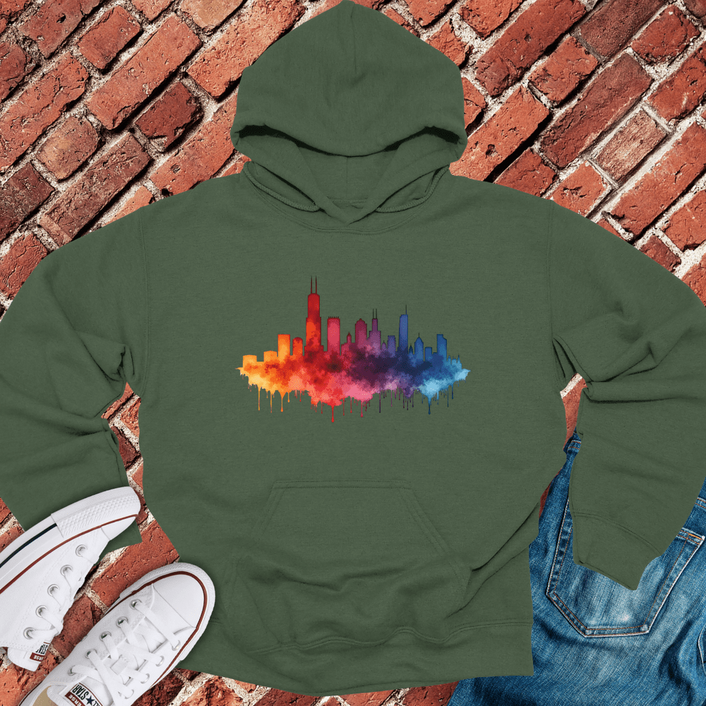 Chicago Rainbow Skyline Hoodie - Military Green