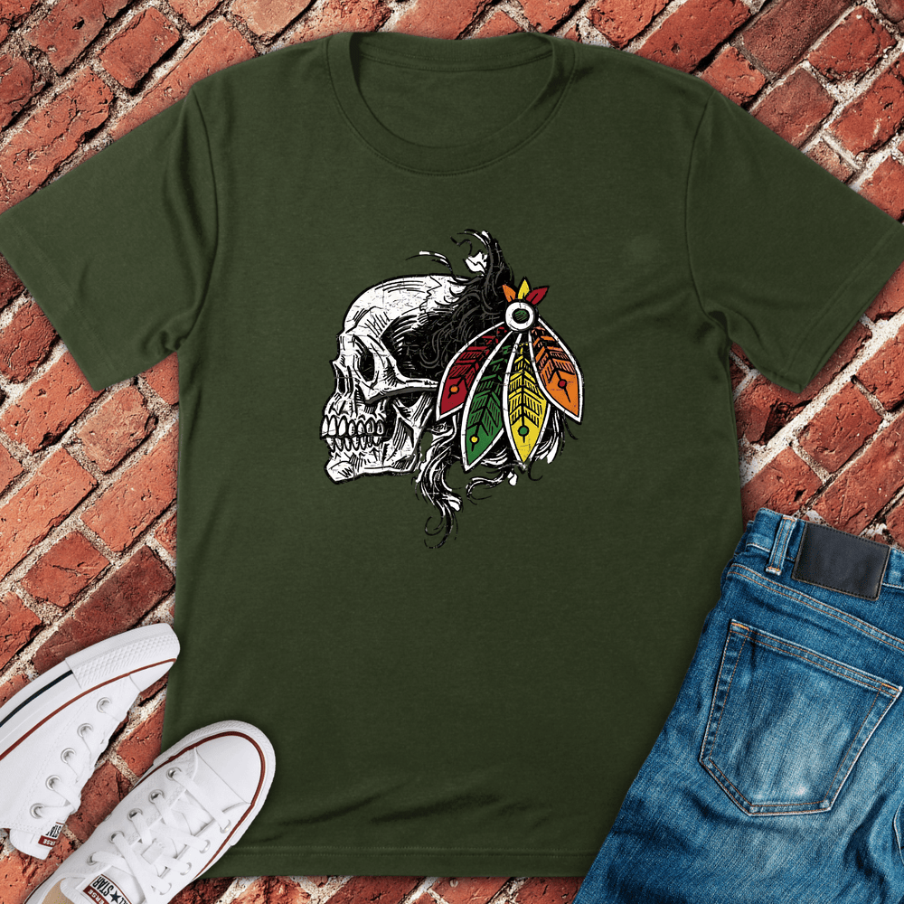 Skull Feathers Fan T-Shirt - Military Green