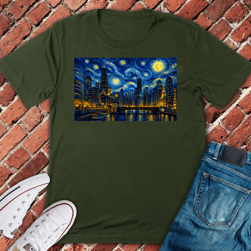 Starry Chicago Night T-Shirt - Military Green