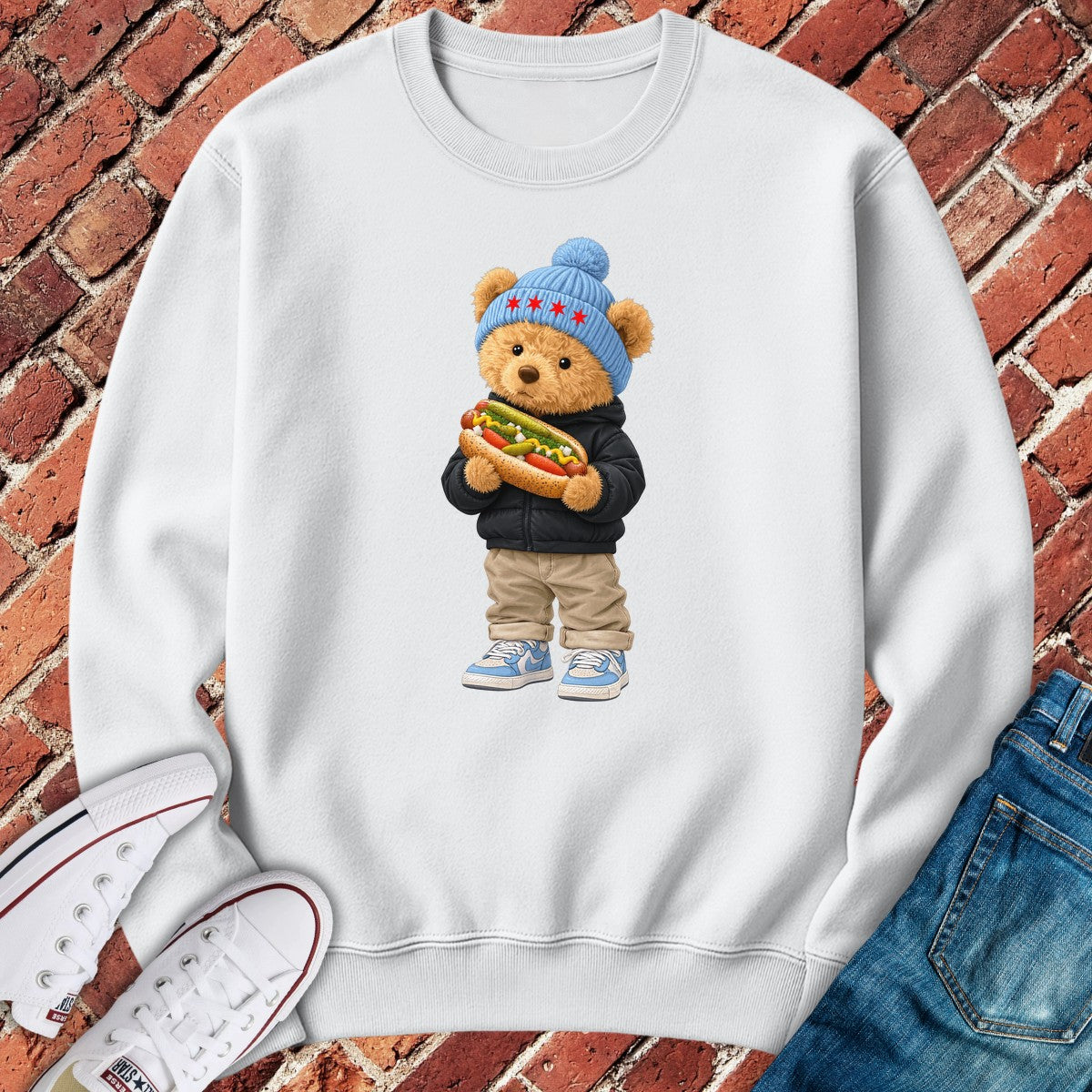 Hotdog Teddy Crewneck - White