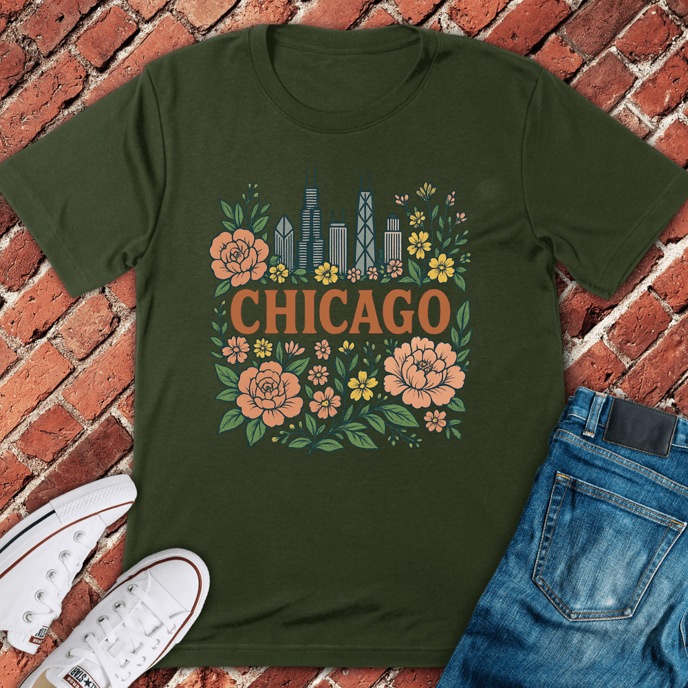 Floral Skyline T-Shirt - Military Green