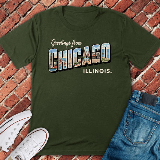 Postcard Chicago T-Shirt - Military Green