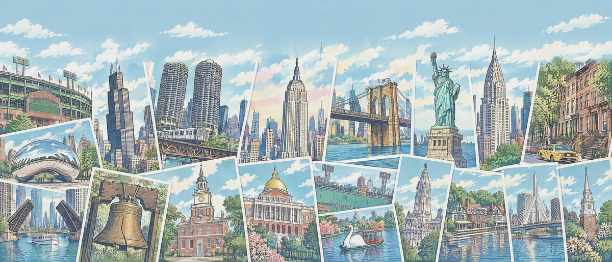 Hand-drawn postcards of Chicago, New York, Philadelphia and Boston landmarks under a soft blue sky