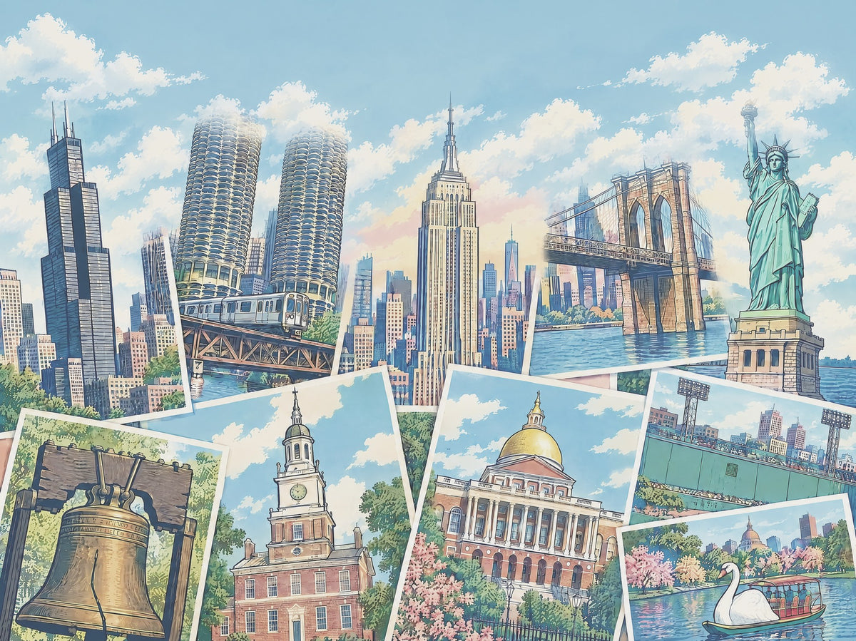 Hand-drawn postcards of Chicago, New York, Philadelphia and Boston landmarks under a soft blue sky