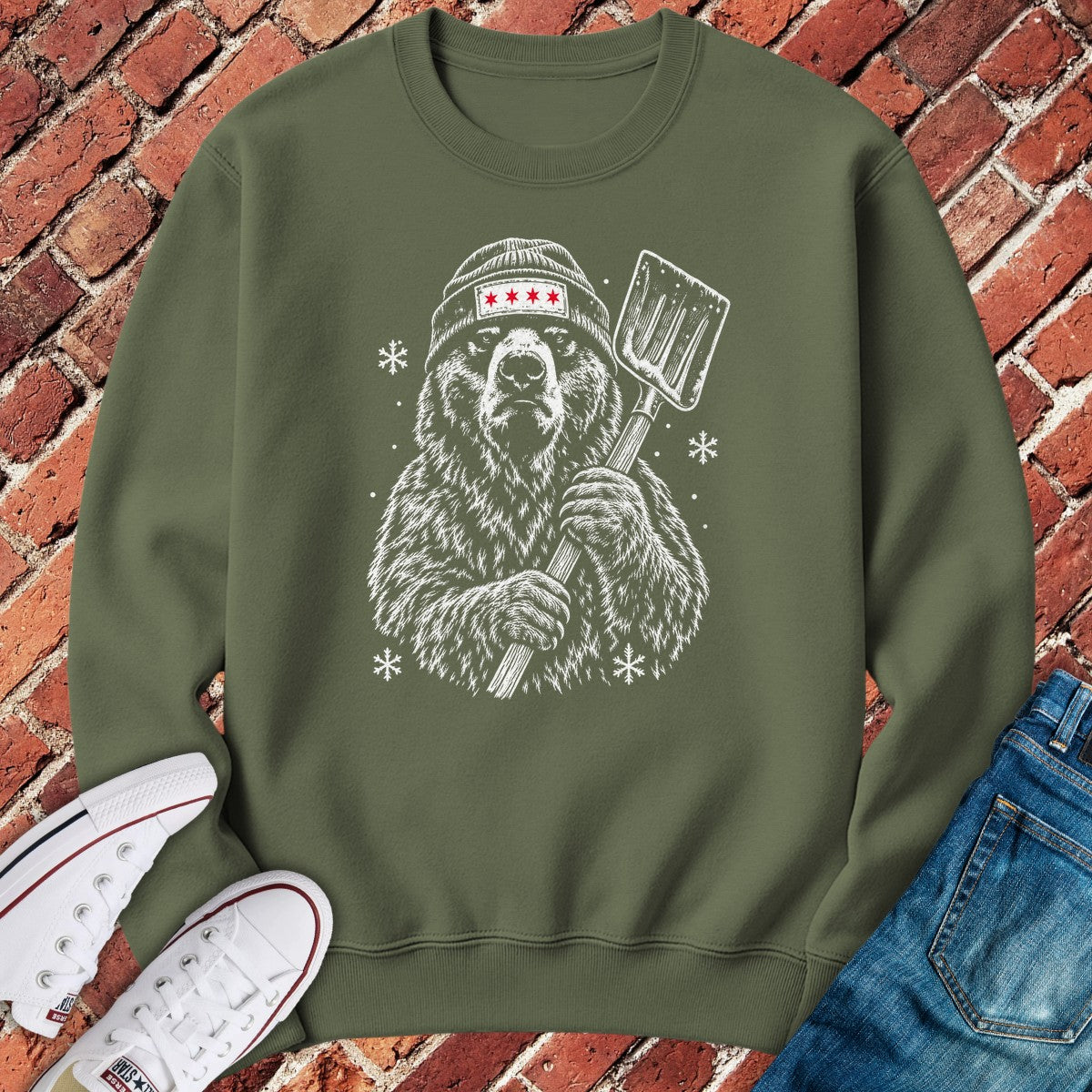 Shovel Bear Crewneck - Military Green
