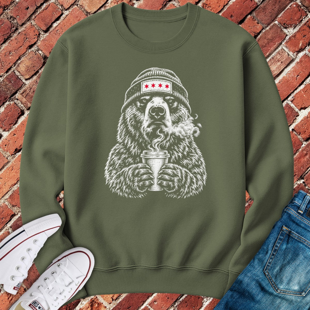 Coffee Bear Crewneck - Military Green