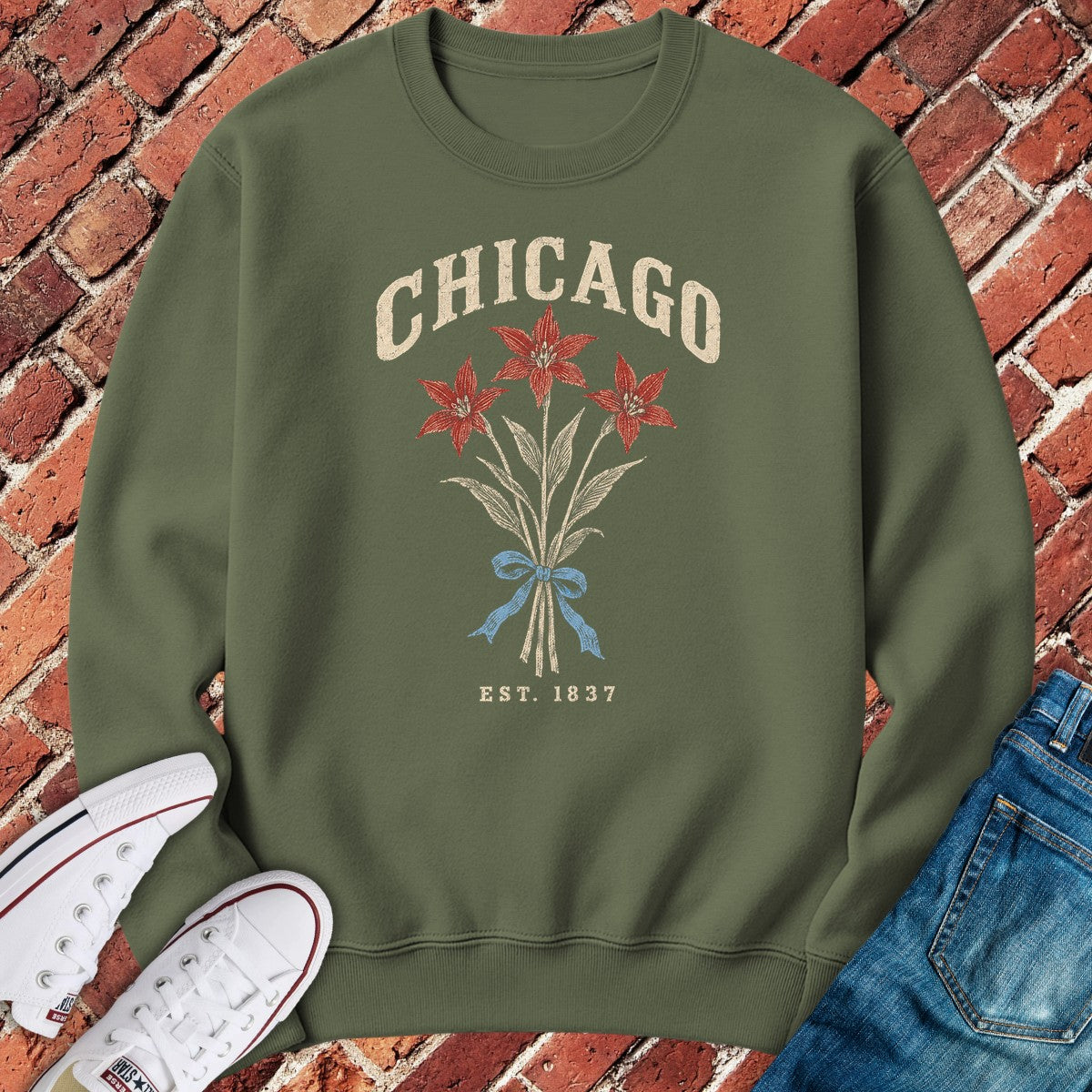 Flag Flower Crewneck - Military Green