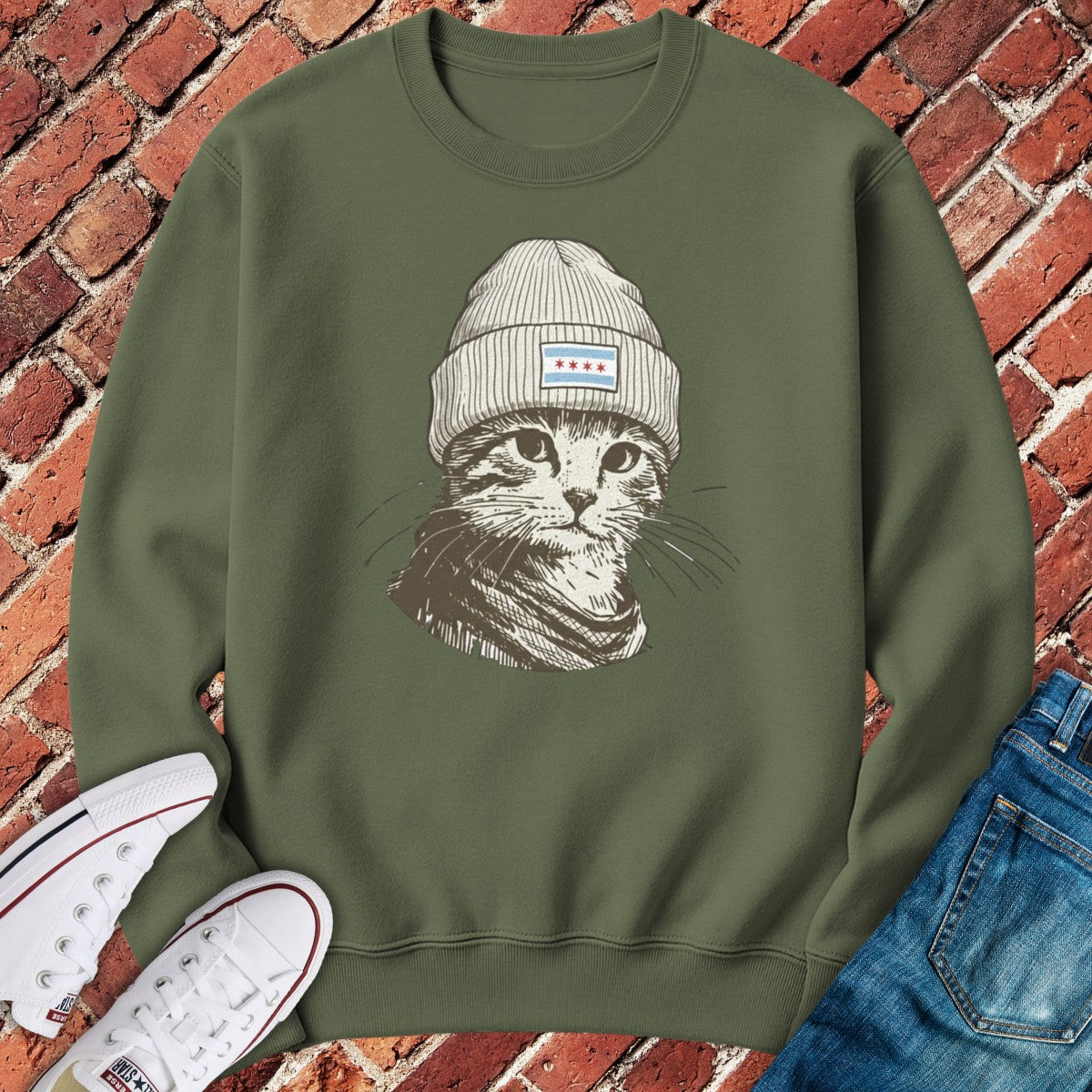 Chicago Cat Crewneck - Military Green