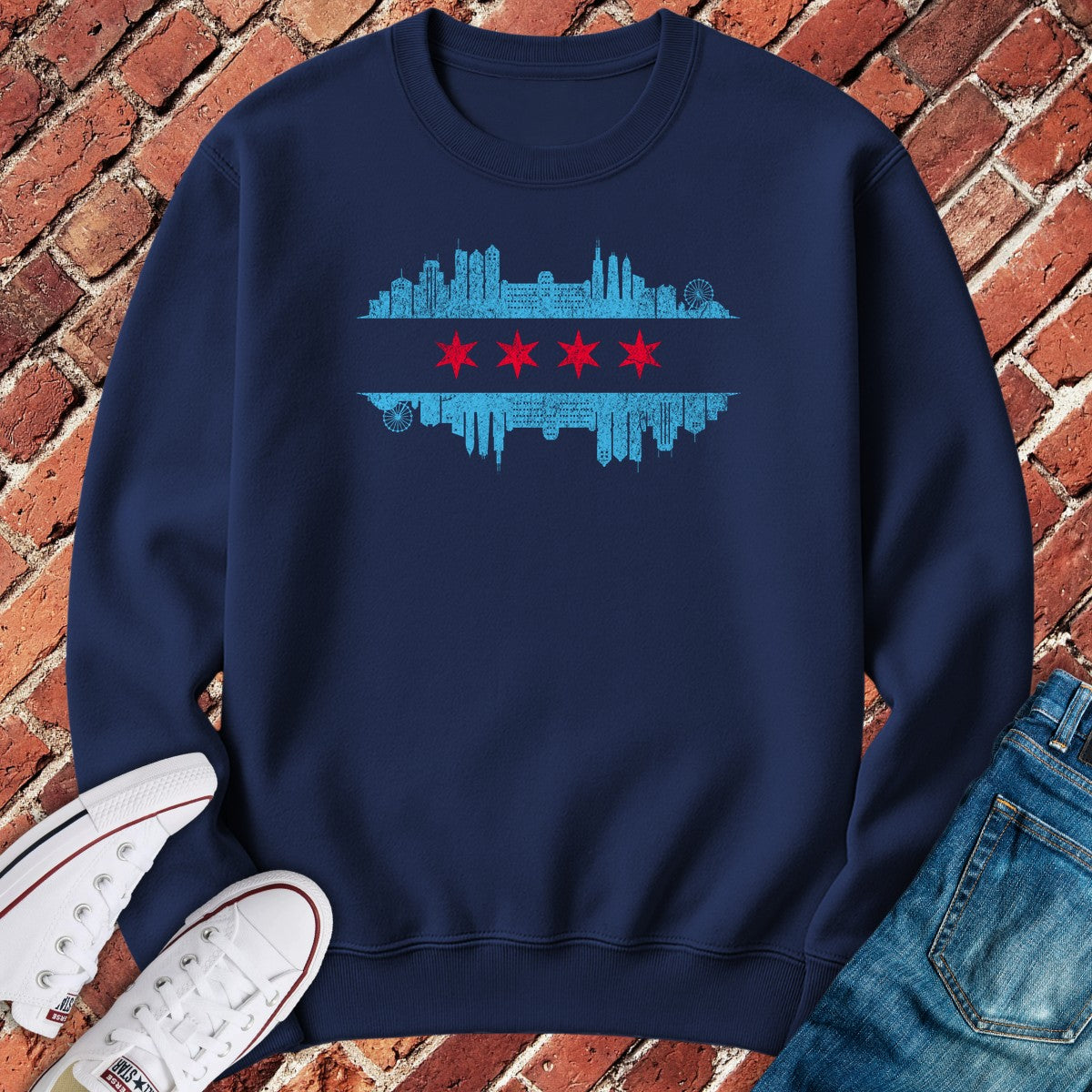 Chicago Skyline Flag Crewneck - Navy