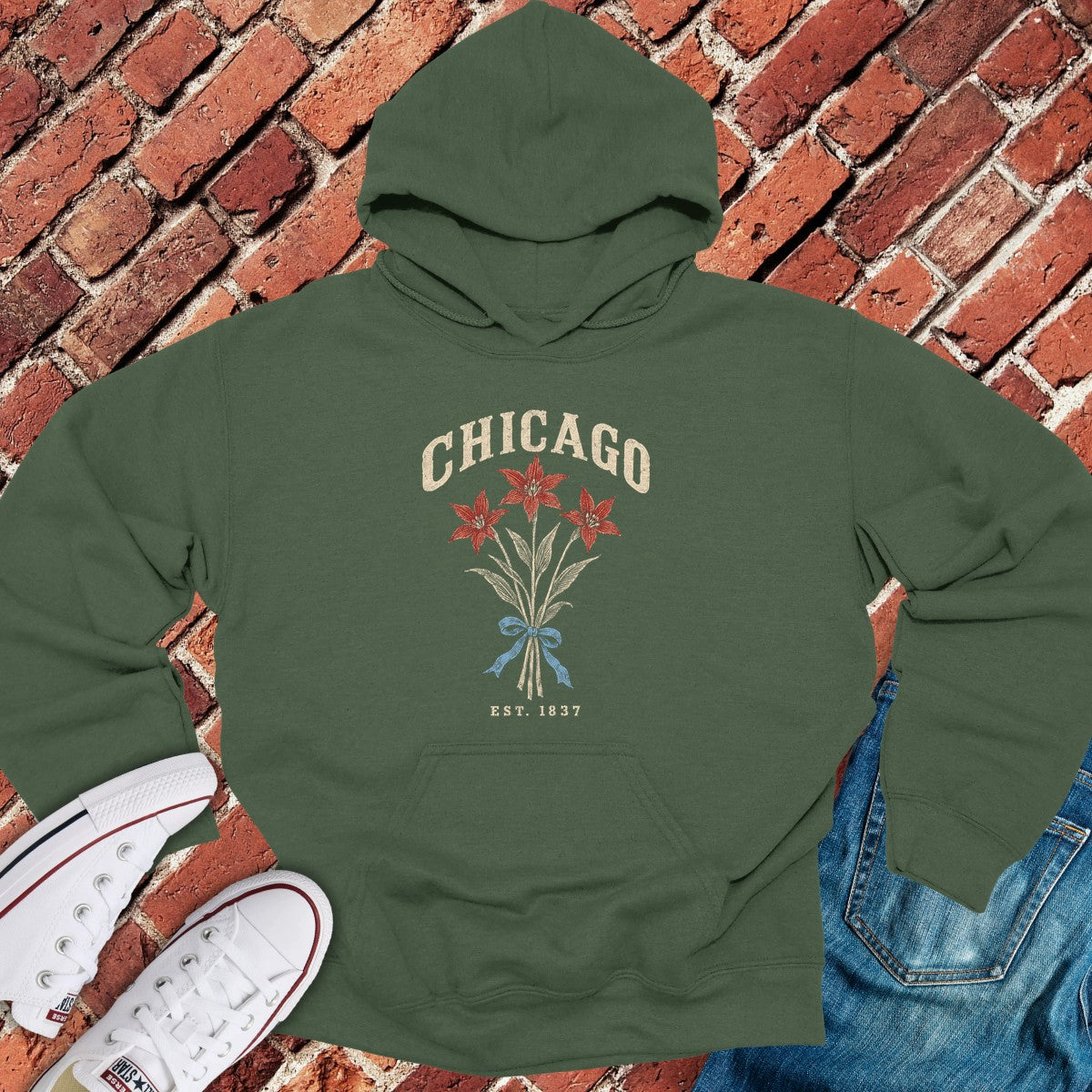 Flag Flower Hoodie - Military Green