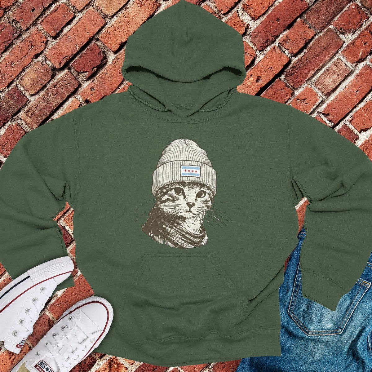 Chicago Cat Hoodie - Military Green