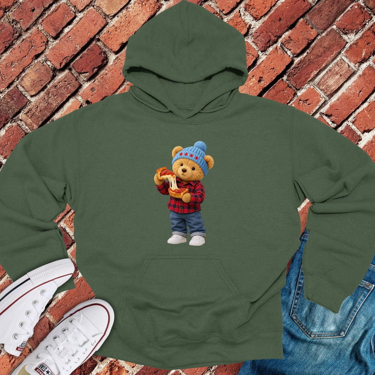 Pizza Teddy Hoodie - Military Green