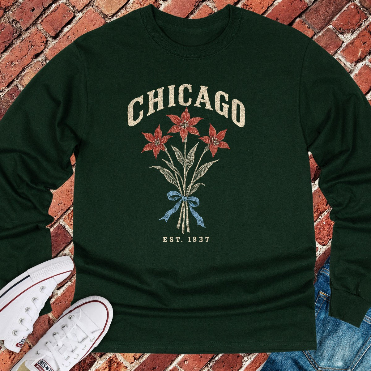 Flag Flower Long Sleeve - Forest Green