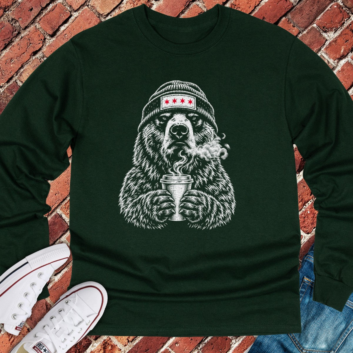 Coffee Bear Long Sleeve - Forest Green