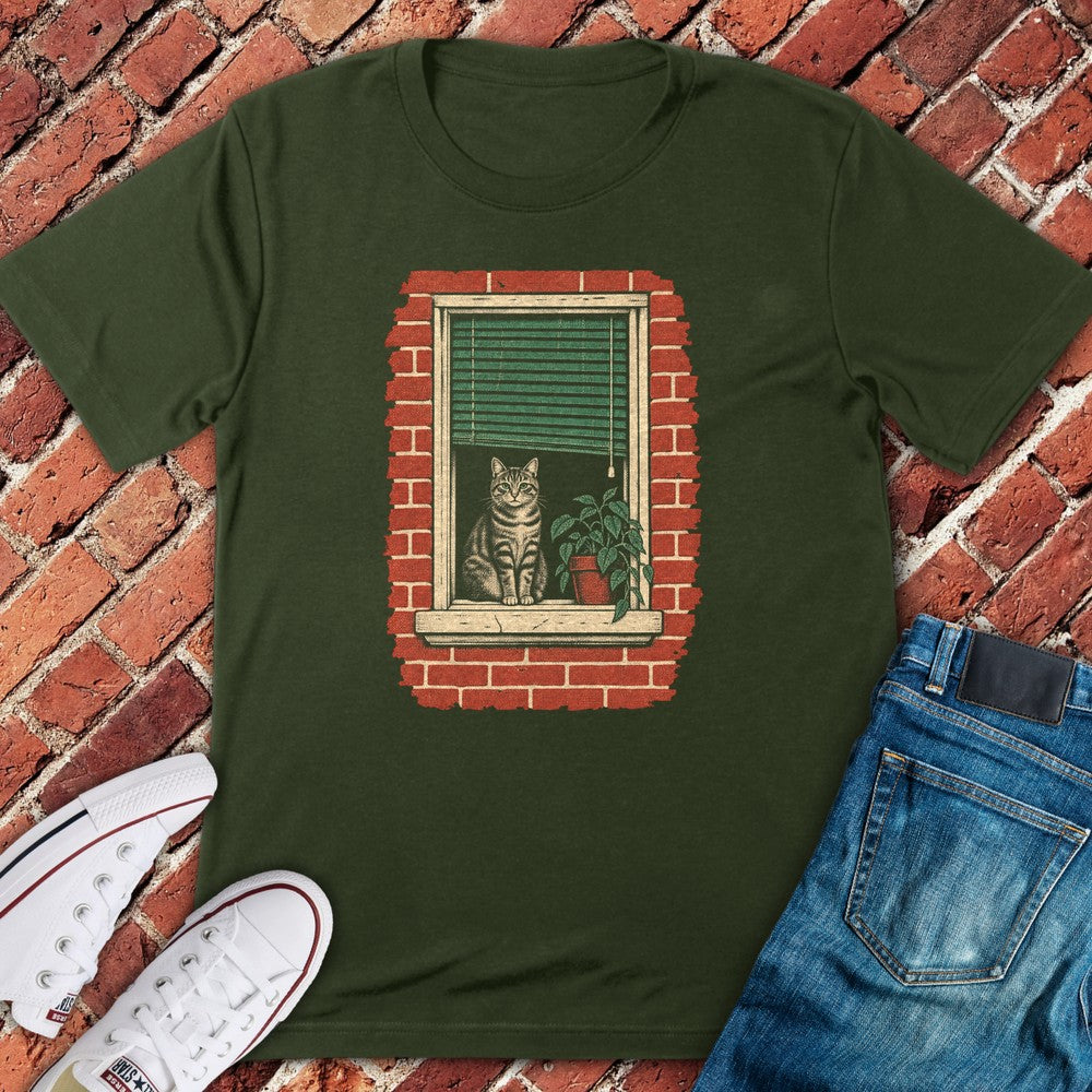 Window Cat T-Shirt - Military Green